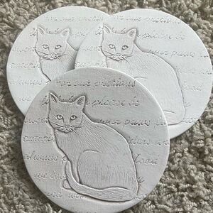 White Cat Coasters Stone Set of Three Absorbent Feline Siamese Inscribed Cats